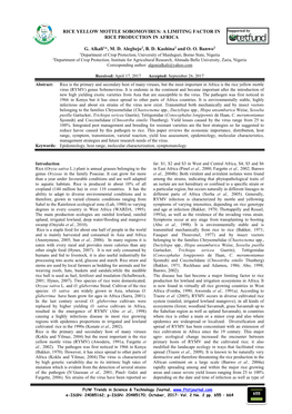 RICE YELLOW MOTTLE SOBOMOVIRUS: a LIMITING FACTOR in Supported by RICE PRODUCTION in AFRICA