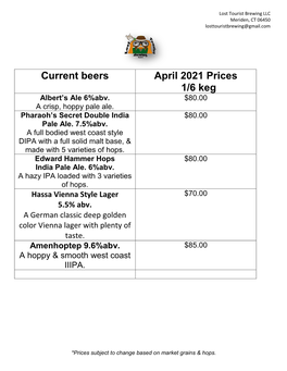 Current Beers April 2021 Prices 1/6 Keg Albert’S Ale 6%Abv