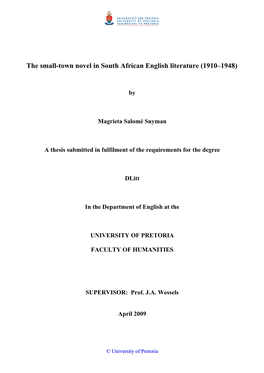 The Small-Town Novel in South African English Literature (1910–1948)