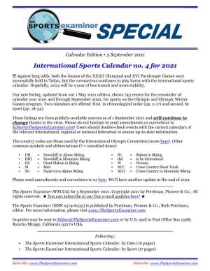 International Sports Calendar No. 4 for 2021