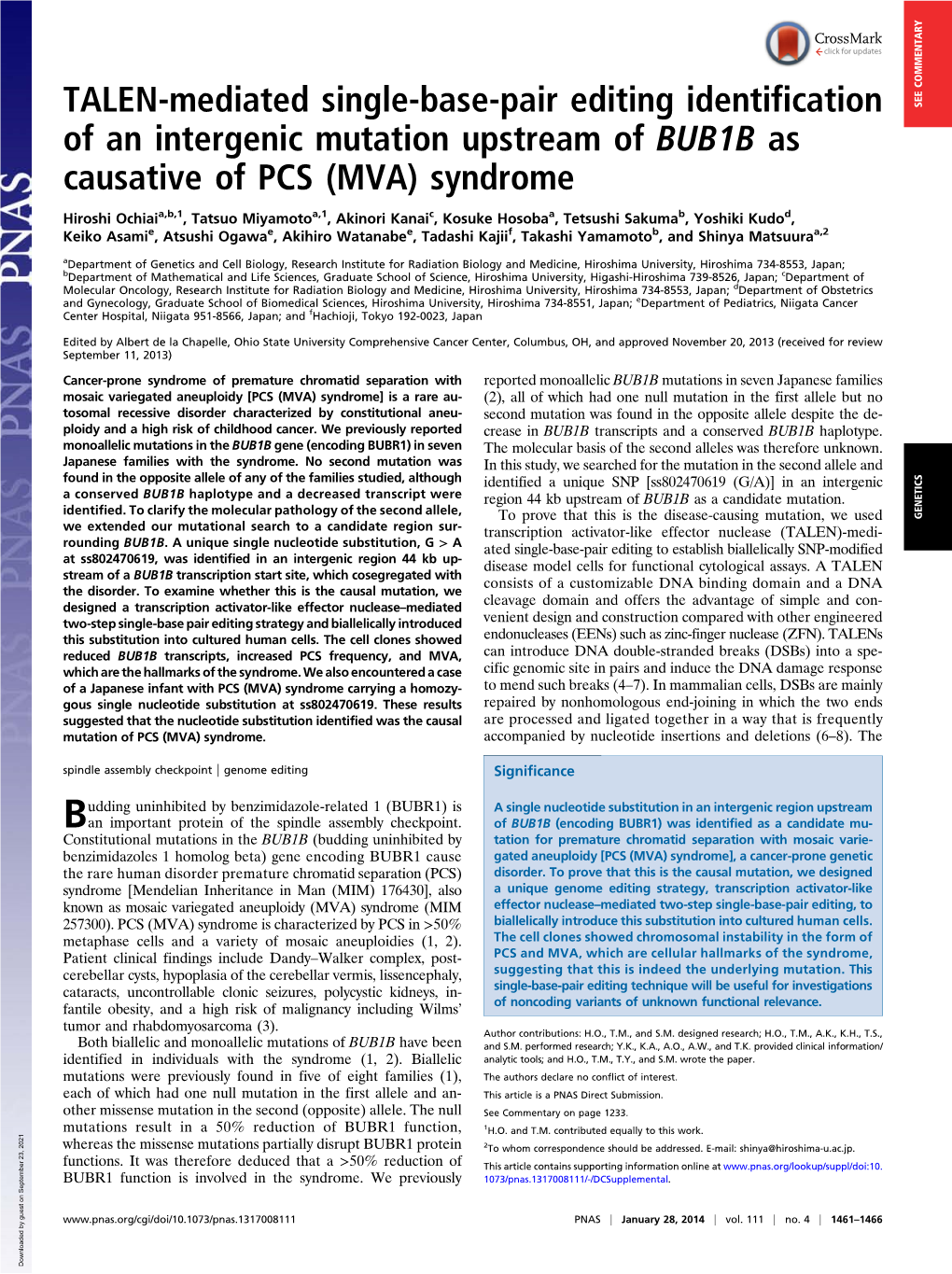 TALEN-Mediated Single-Base-Pair Editing Identification of an Intergenic Mutation Upstream of BUB1B As Causative Of