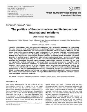 The Politics of the Coronavirus and Its Impact on International Relations
