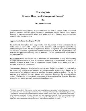 Teaching Note Systems Theory and Management Control1 By: Dr