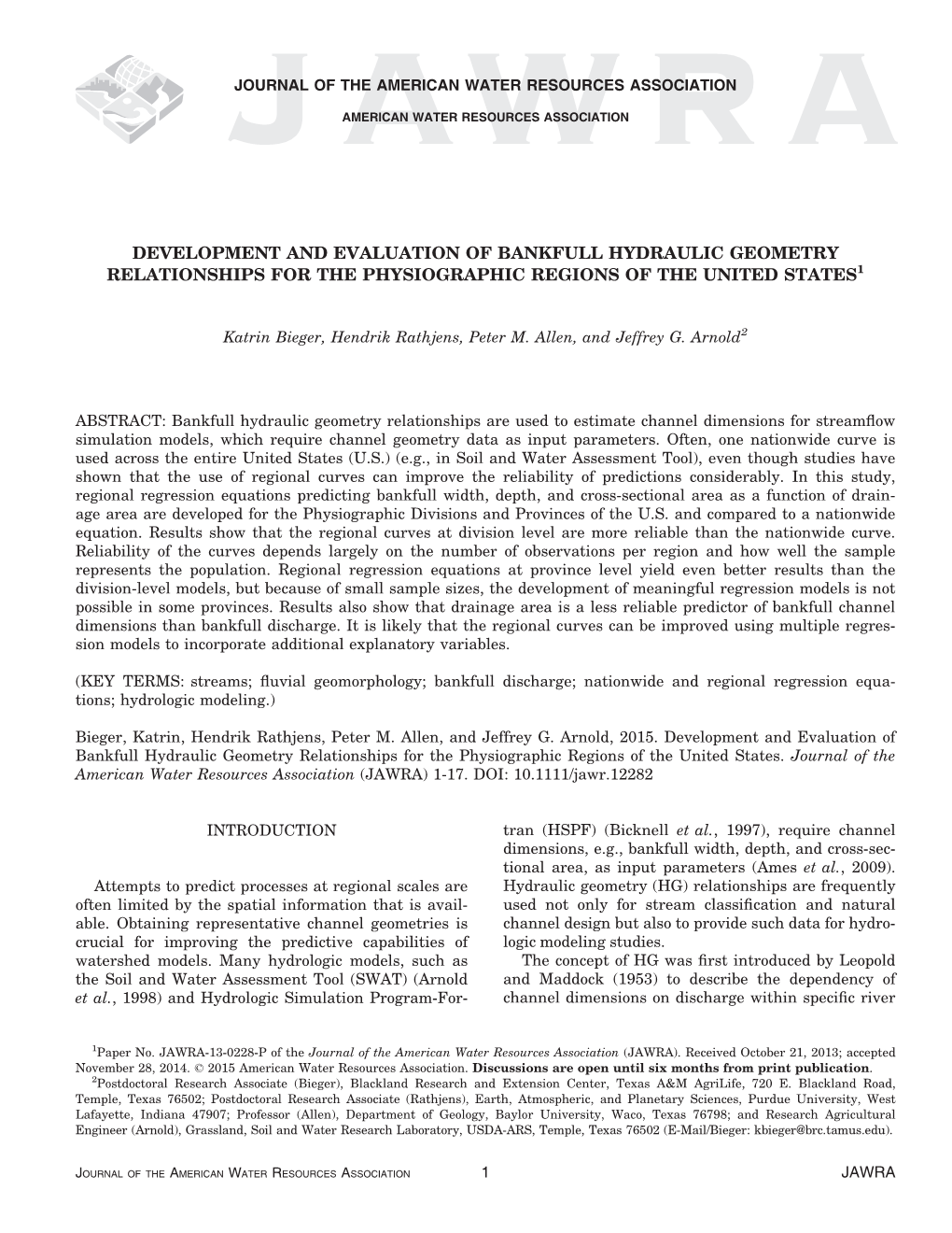 Development and Evaluation of Bankfull Hydraulic Geometry Relationships for the Physiographic Regions of the United States1