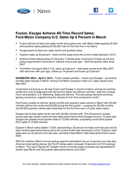 Fusion, Escape Achieve All-Time Record Sales; Ford Motor Company U.S