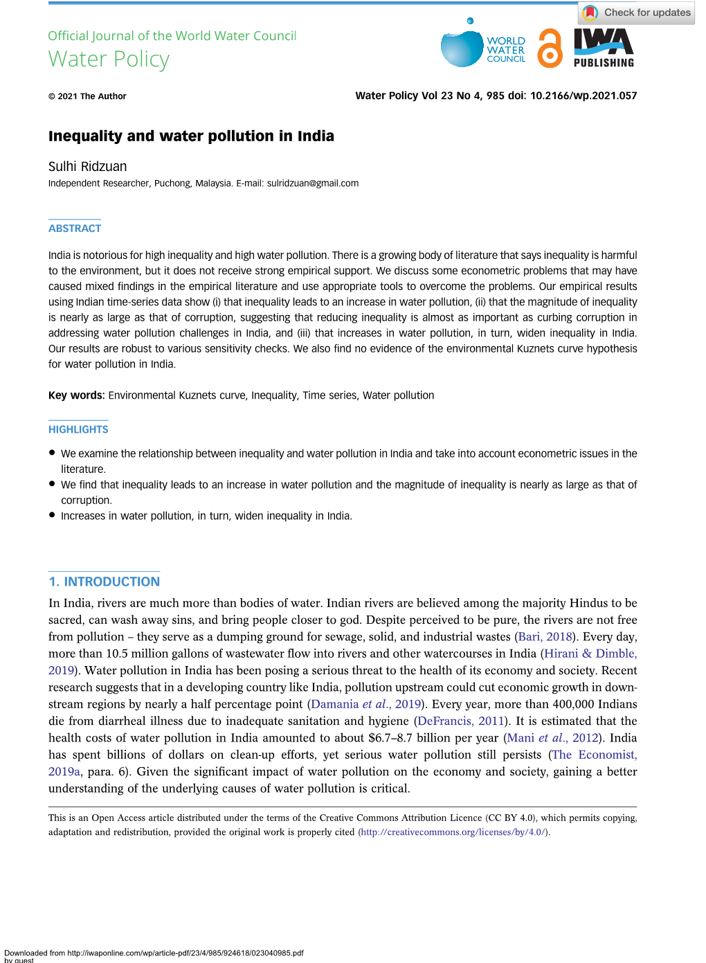 Inequality and Water Pollution in India