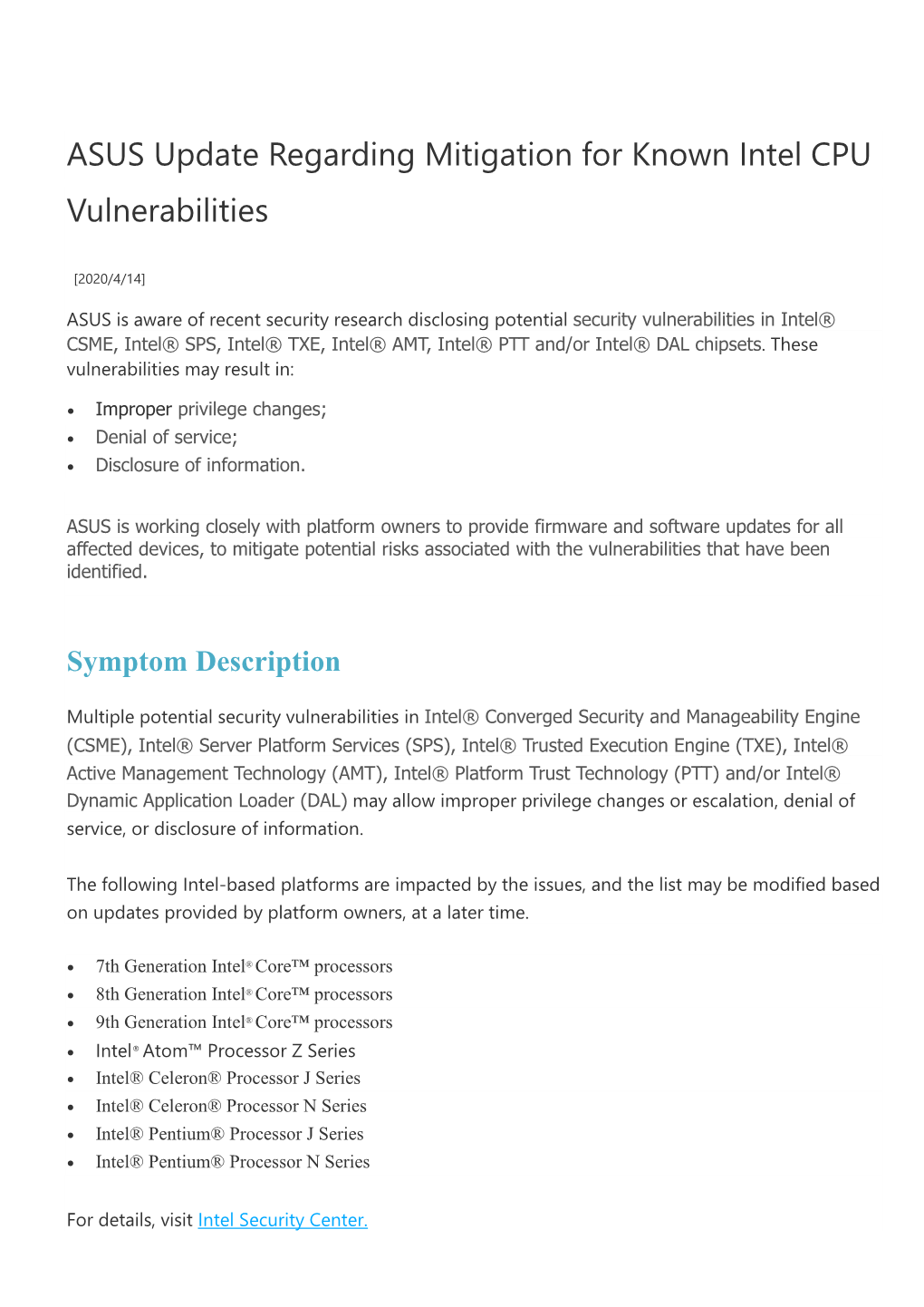 ASUS Update Regarding Mitigation for Known Intel CPU Vulnerabilities