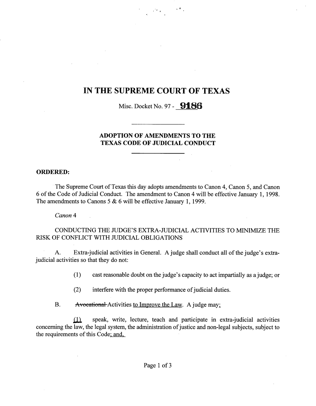 Amendments to Texas Code of Judicial Conduct