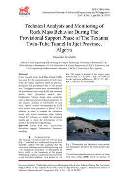 Technical Analysis and Monitoring of Rock Mass Behavior During the Provisional Support Phase of the Texanna Twin-Tube Tunnel in Jijel Province, Algeria