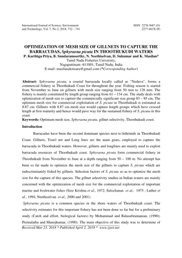 OPTIMIZATION of MESH SIZE of GILLNETS to CAPTURE the BARRACUDAS, Sphyraena Picuta in THOOTHUKUDI WATERS P