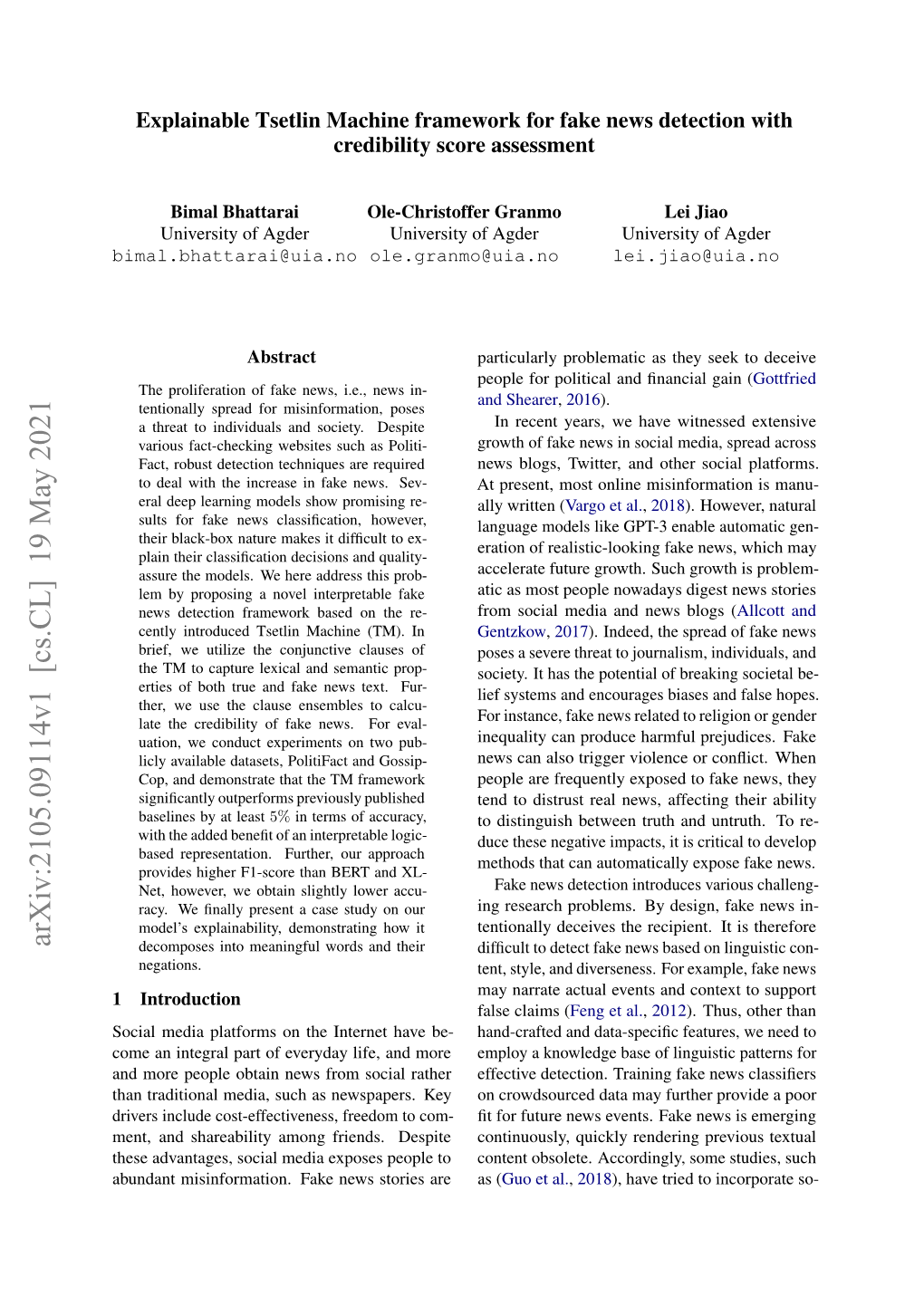 Arxiv:2105.09114V1 [Cs.CL] 19 May 2021 Decomposes Into Meaningful Words and Their Difﬁcult to Detect Fake News Based on Linguistic Con- Negations