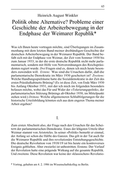 Politik Ohne Alternative? Probleme Einer Geschichte Der Arbeiterbewegung in Der Endphase Der Weimarer Republik*