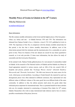 Monthly Prices of Grains in Gdańsk in the 18 Century Mikołaj Malinowski