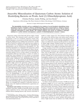 Anaerobic Mineralization of Quaternary Carbon Atoms: Isolation of Denitrifying Bacteria on Pivalic Acid (2,2-Dimethylpropionic Acid)