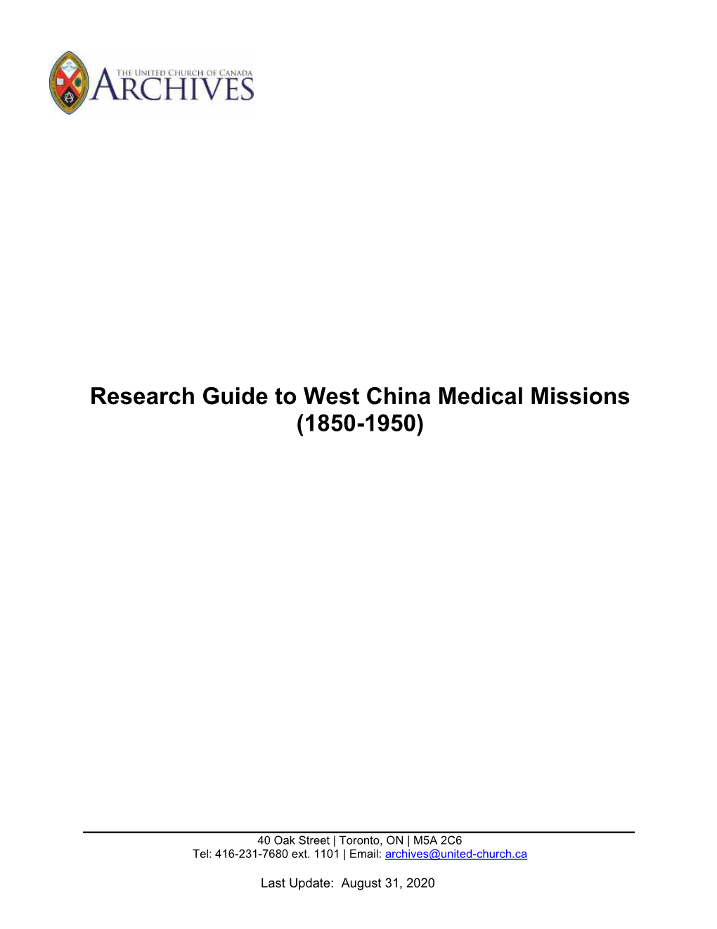 Research Guide to West China Medical Missions (1850-1950)