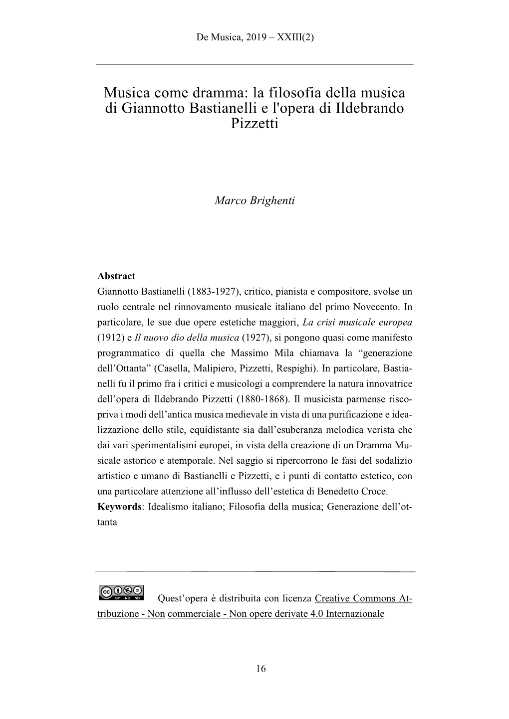 La Filosofia Della Musica Di Giannotto Bastianelli E L'opera Di Ildebrando Pizzetti