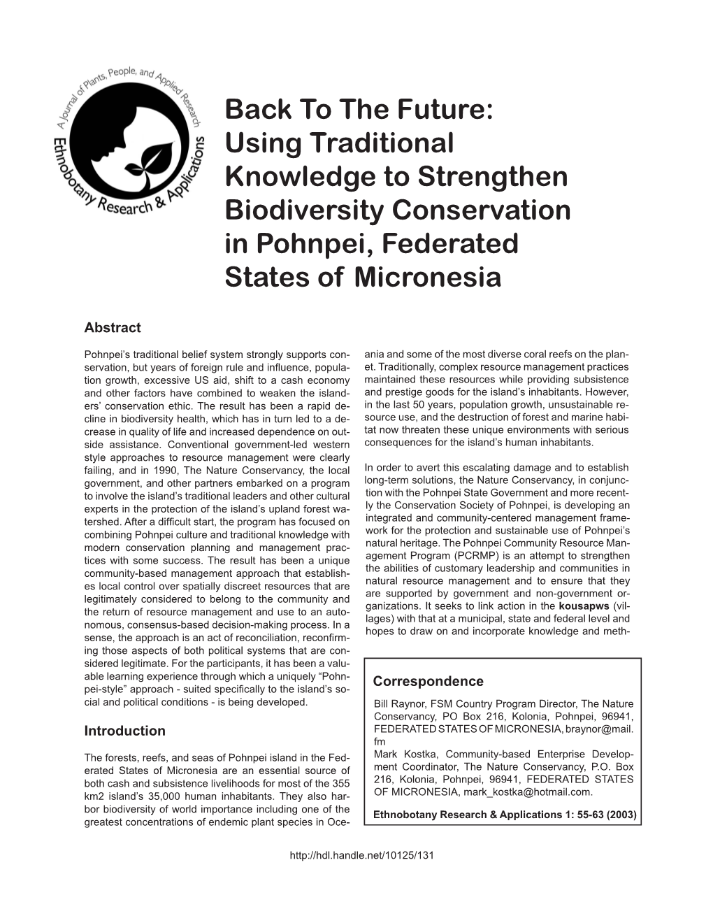 Back to the Future: Using Traditional Knowledge to Strengthen Biodiversity Conservation in Pohnpei, Federated States of Micronesia