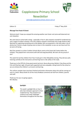 Copplestone Primary School Newsletter Admin@Copplestone-Primary.Devon.Sch.Uk