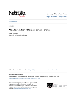 Albia, Iowa in the 1920S: Coal, Corn and Change