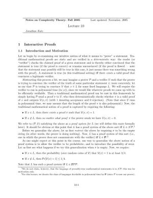 Lecture 10 1 Interactive Proofs