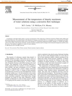 Measurement of the Temperature of Density Maximum of Water Solutions Using a Convective ﬂow Technique