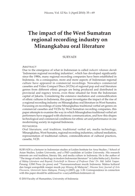 The Impact of the West Sumatran Regional Recording Industry on Minangkabau Oral Literature