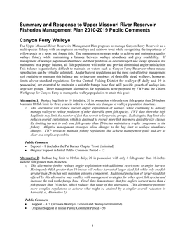 Summary and Response to Upper Missouri River Reservoir Fisheries Management Plan 2010-2019 Public Comments