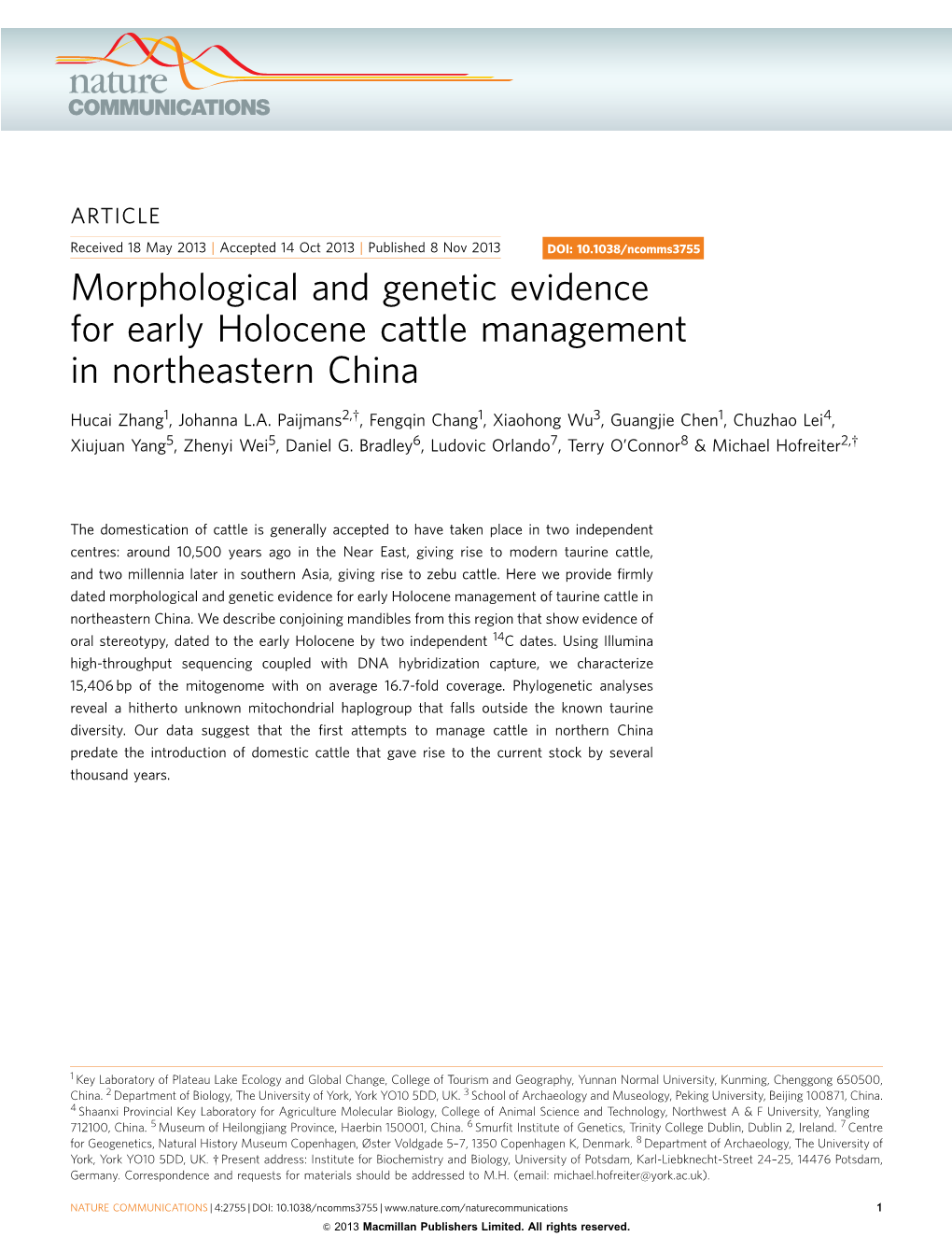 Morphological and Genetic Evidence for Early Holocene Cattle Management in Northeastern China