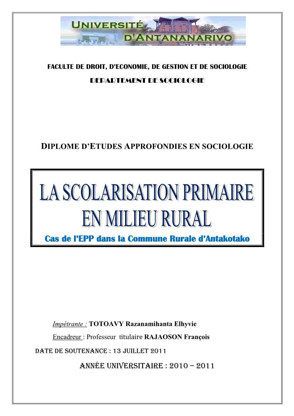 Cas De L'epp Dans La Commune Rurale D'antakotako Cas De L'epp