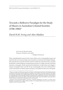 Towards a Reflexive Paradigm for the Study of Musics in Australian Colonial Societies (1788–1900)*