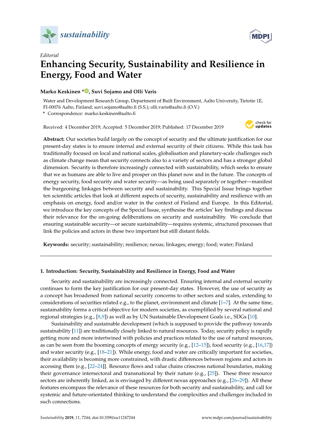 Enhancing Security, Sustainability and Resilience in Energy, Food and Water