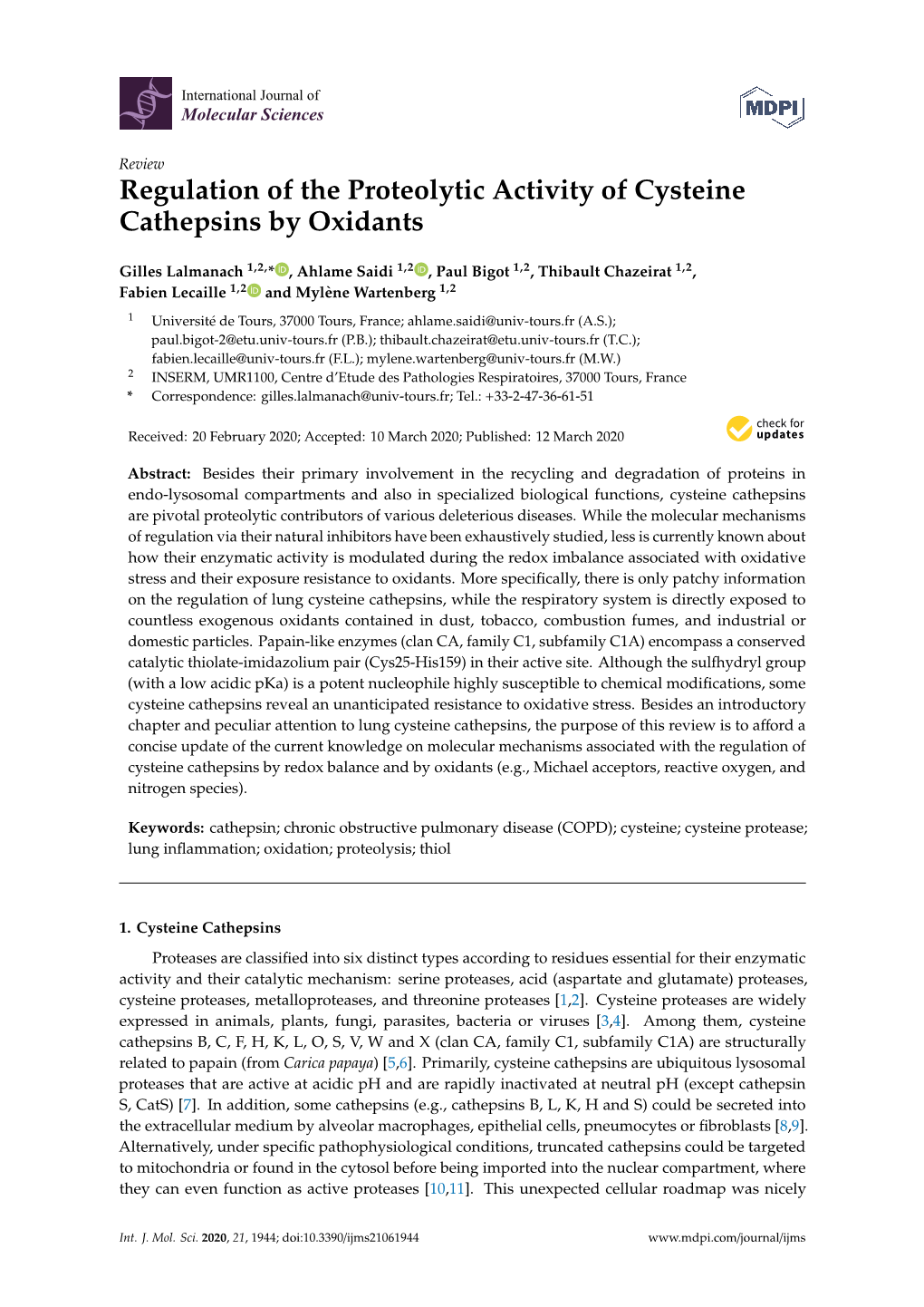 Regulation of the Proteolytic Activity of Cysteine Cathepsins by Oxidants