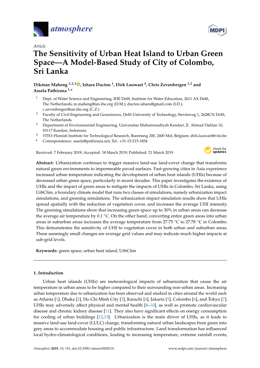 The Sensitivity of Urban Heat Island to Urban Green Space—A Model-Based Study of City of Colombo, Sri Lanka