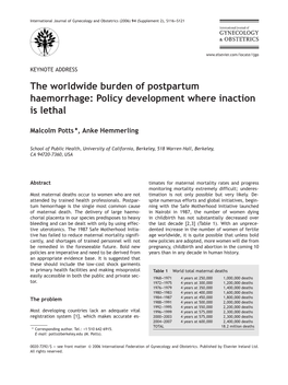 The Worldwide Burden of Postpartum Haemorrhage: Policy Development Where Inaction Is Lethal