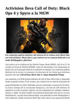 Activision Lleva Call of Duty: Black Ops 4 Y Spyro a La MGW