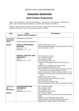 HEARING SESSIONS Draft Outline Programme