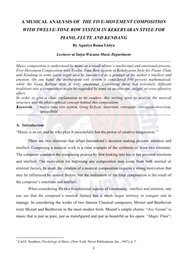 A MUSICAL ANALYSIS of the FIVE-MOVEMENT COMPOSITION with TWELVE-TONE ROW SYSTEM in KEKEBYARAN STYLE for PIANO, FLUTE and KENDANG by Agastya Rama Listya