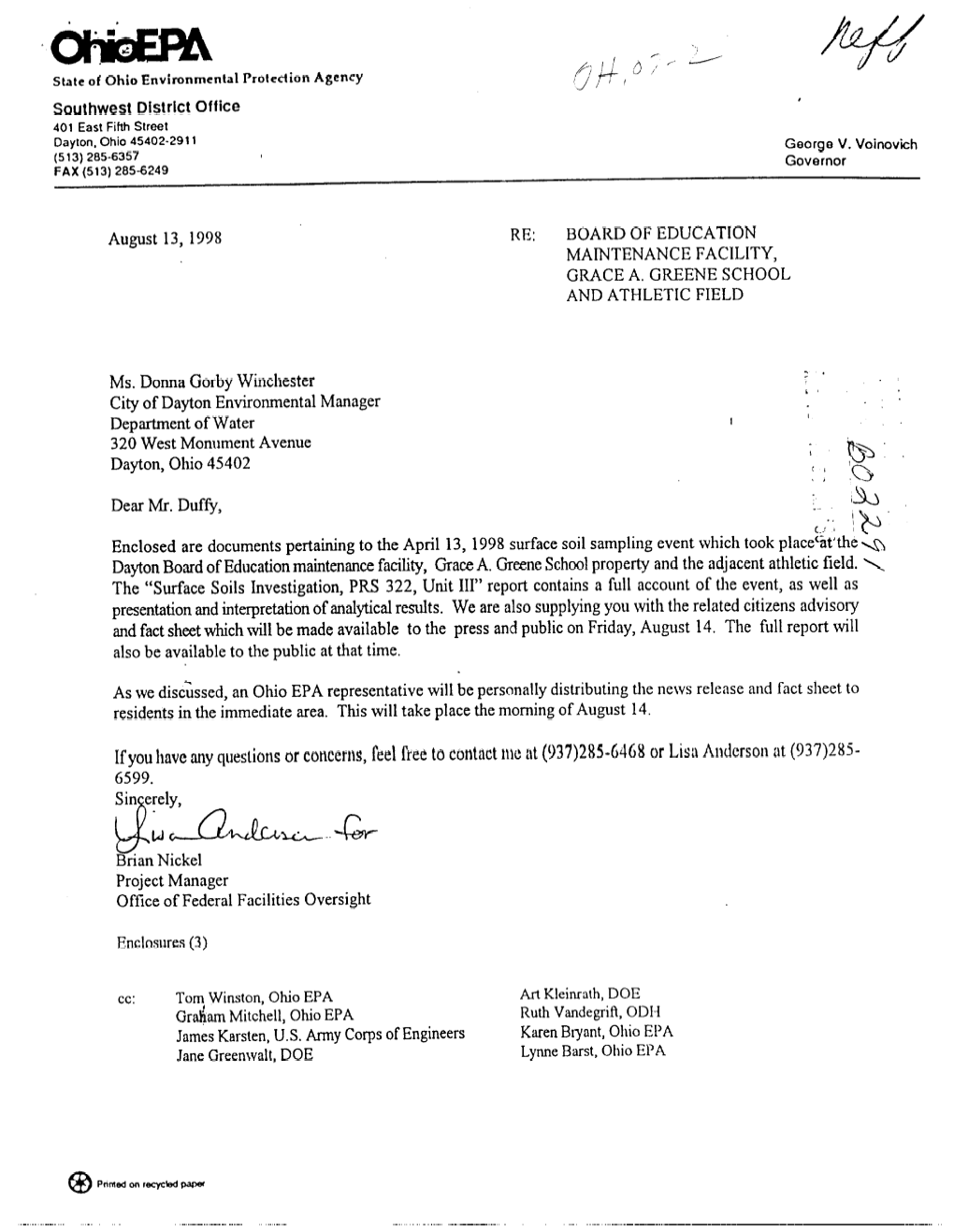 F Ohio Environmental Protection Agency ,, F , Southwest District Office , 401 East Fifth Street Dayton, Ohio 45402-2911 Voinovich (5 13) 265-6357 George V