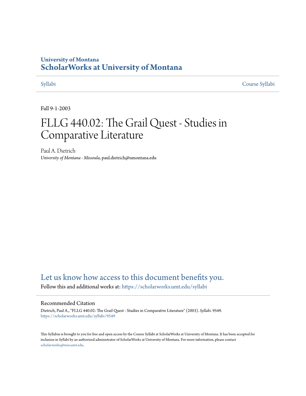 FLLG 440.02: the Grail Quest - Studies in Comparative Literature Paul A