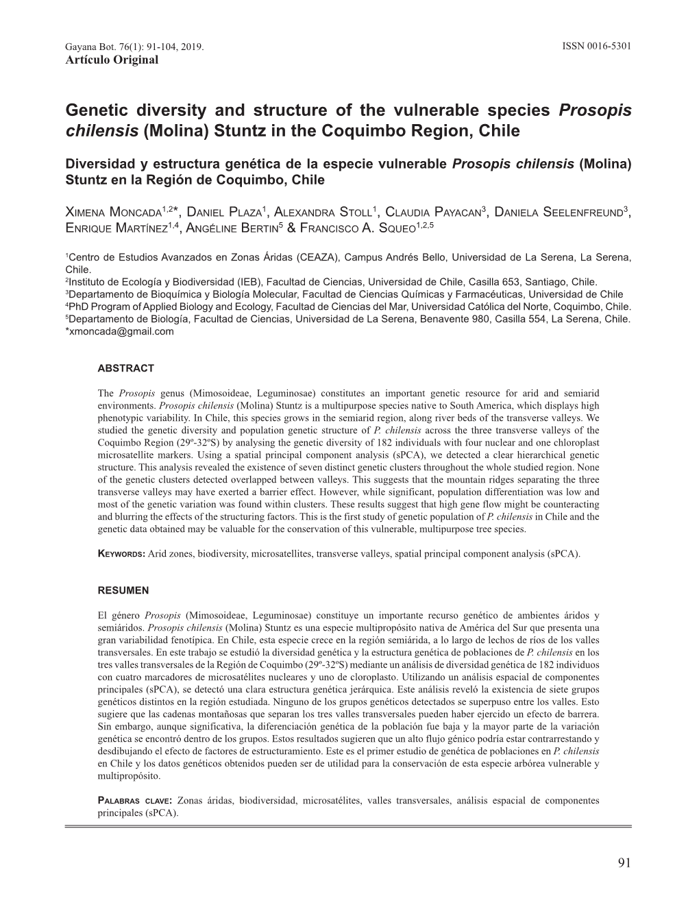 Genetic Diversity and Structure of the Vulnerable Species Prosopis Chilensis (Molina) Stuntz in the Coquimbo Region, Chile