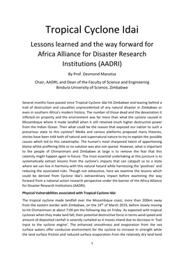 Tropical Cyclone Idai Lessons Learned and the Way Forward for Africa Alliance for Disaster Research Institutions (AADRI) by Prof