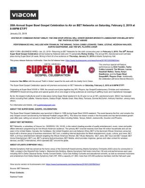 20Th Annual Super Bowl Gospel Celebration to Air on BET Networks on Saturday, February 2, 2019 at 8:00PM ET/PT