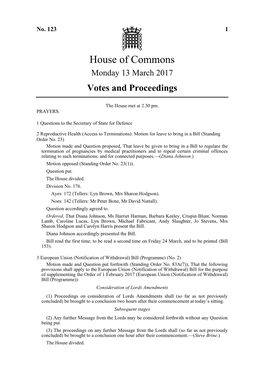 House of Commons Monday 13 March 2017 Votes and Proceedings