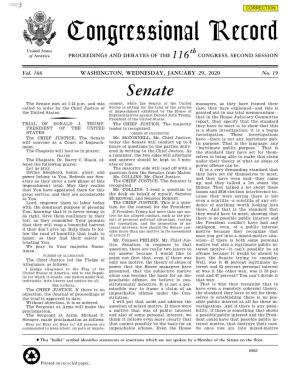 Congressional Record United States Th of America PROCEEDINGS and DEBATES of the 116 CONGRESS, SECOND SESSION