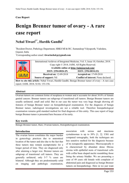 Benign Brenner Tumor of Ovary - a Rare Case Report