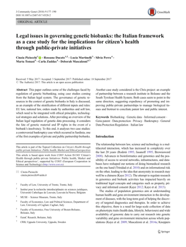 Legal Issues in Governing Genetic Biobanks: the Italian Framework As a Case Study for the Implications for Citizen’Shealth Through Public-Private Initiatives