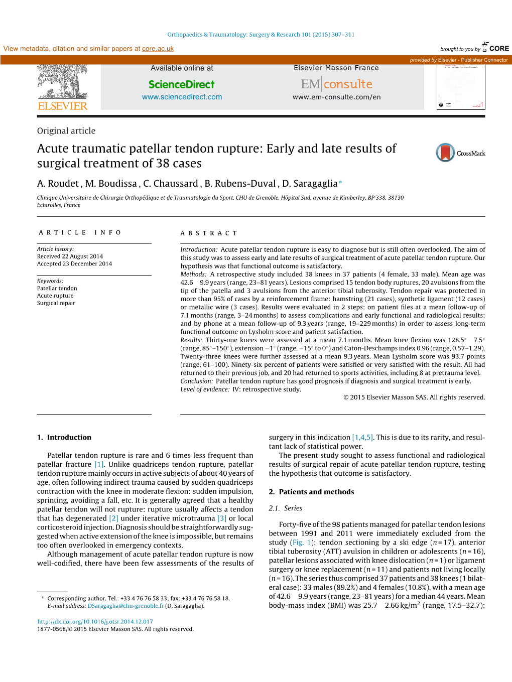 Acute Traumatic Patellar Tendon Rupture: Early and Late Results Of