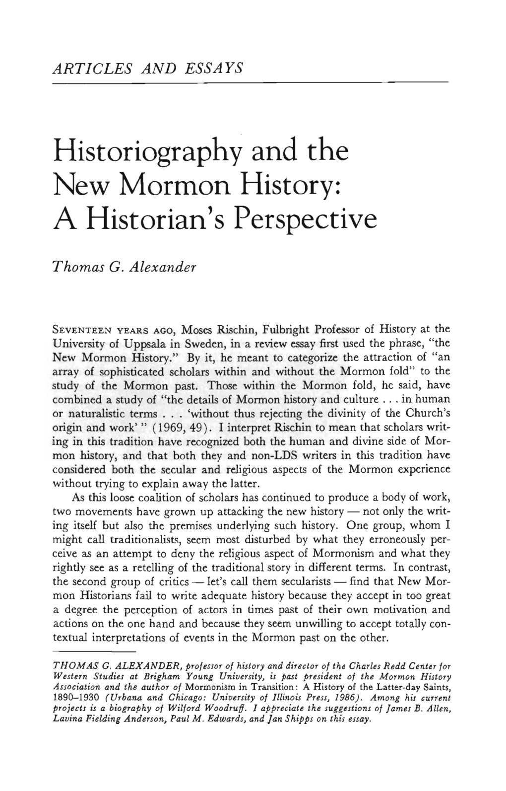 Historiography and the New Mormon History: a Historian's Perspective