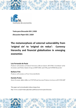 Original Sin Redux’: Currency Hierarchy and Financial Globalisation in Emerging Economies