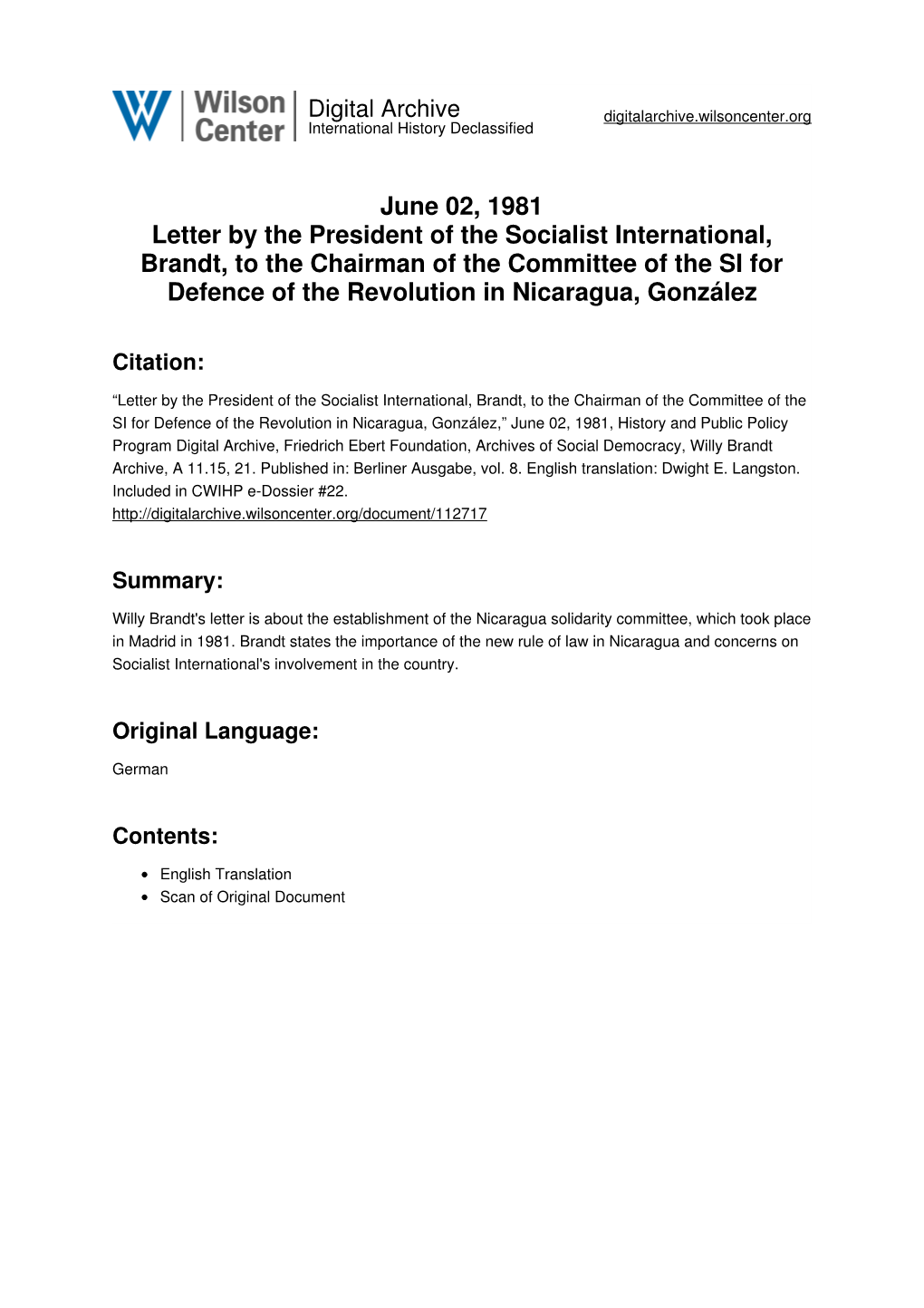 June 02, 1981 Letter by the President of the Socialist International, Brandt